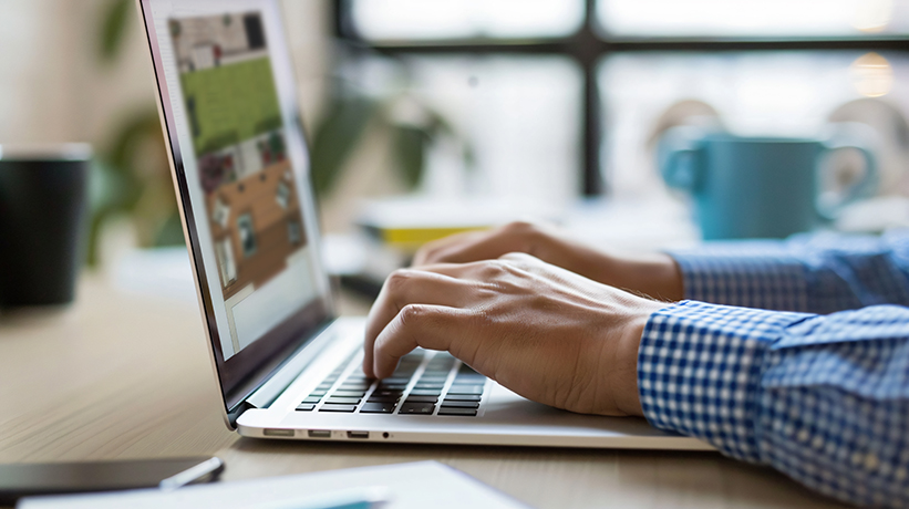 Personne tapant sur ordinateur portable, tasse à côté.