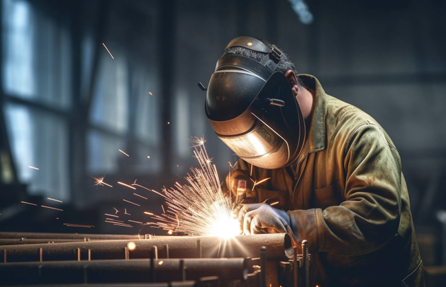 Soudeur travaillant avec étincelles dans un atelier