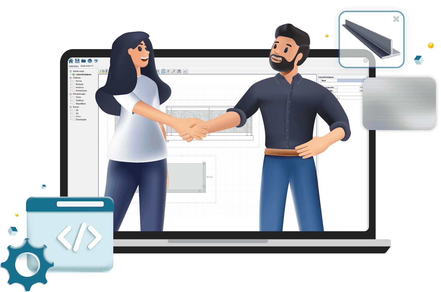 Personnages animés se serrant la main, fond informatique.