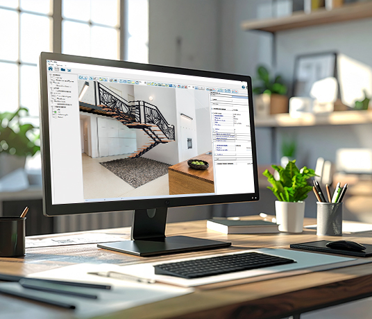Bureau moderne avec ordinateur allumé, lumière naturelle.