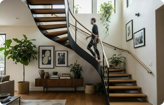 Homme montant escalier moderne intérieur végétalisé.