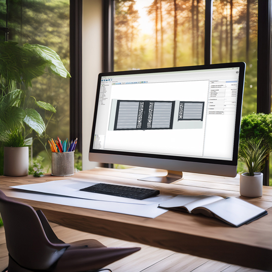 Bureau moderne avec écran d'ordinateur affichant un design.