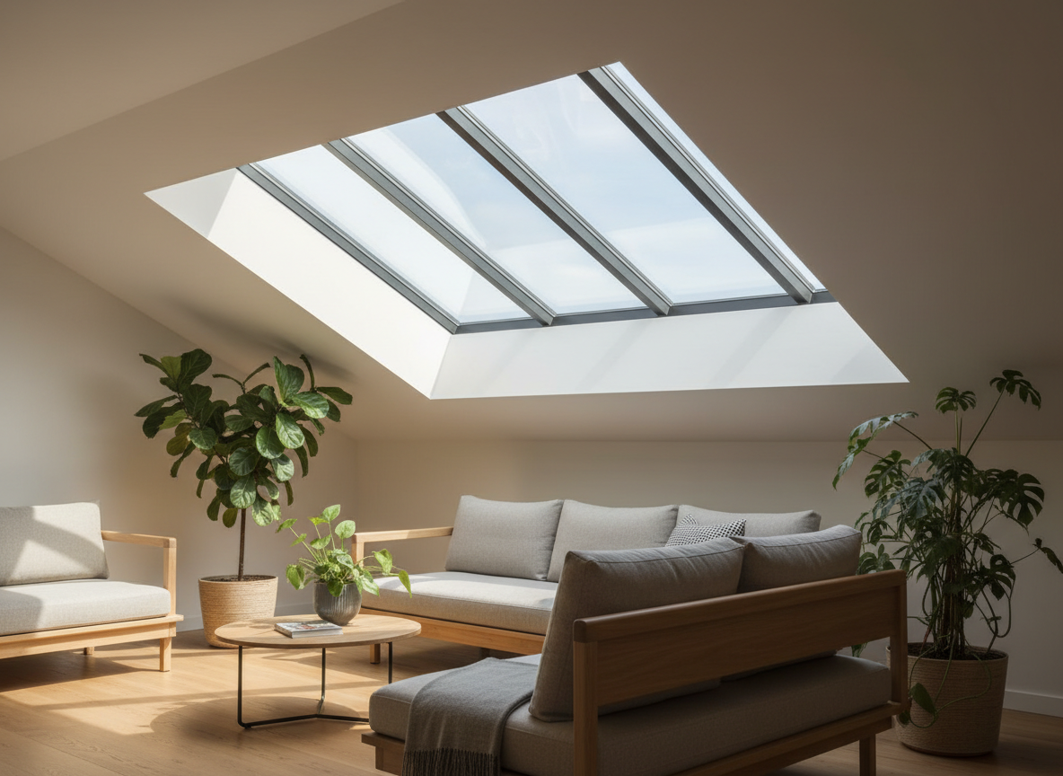 Salon lumineux avec plantes et toit vitré.
