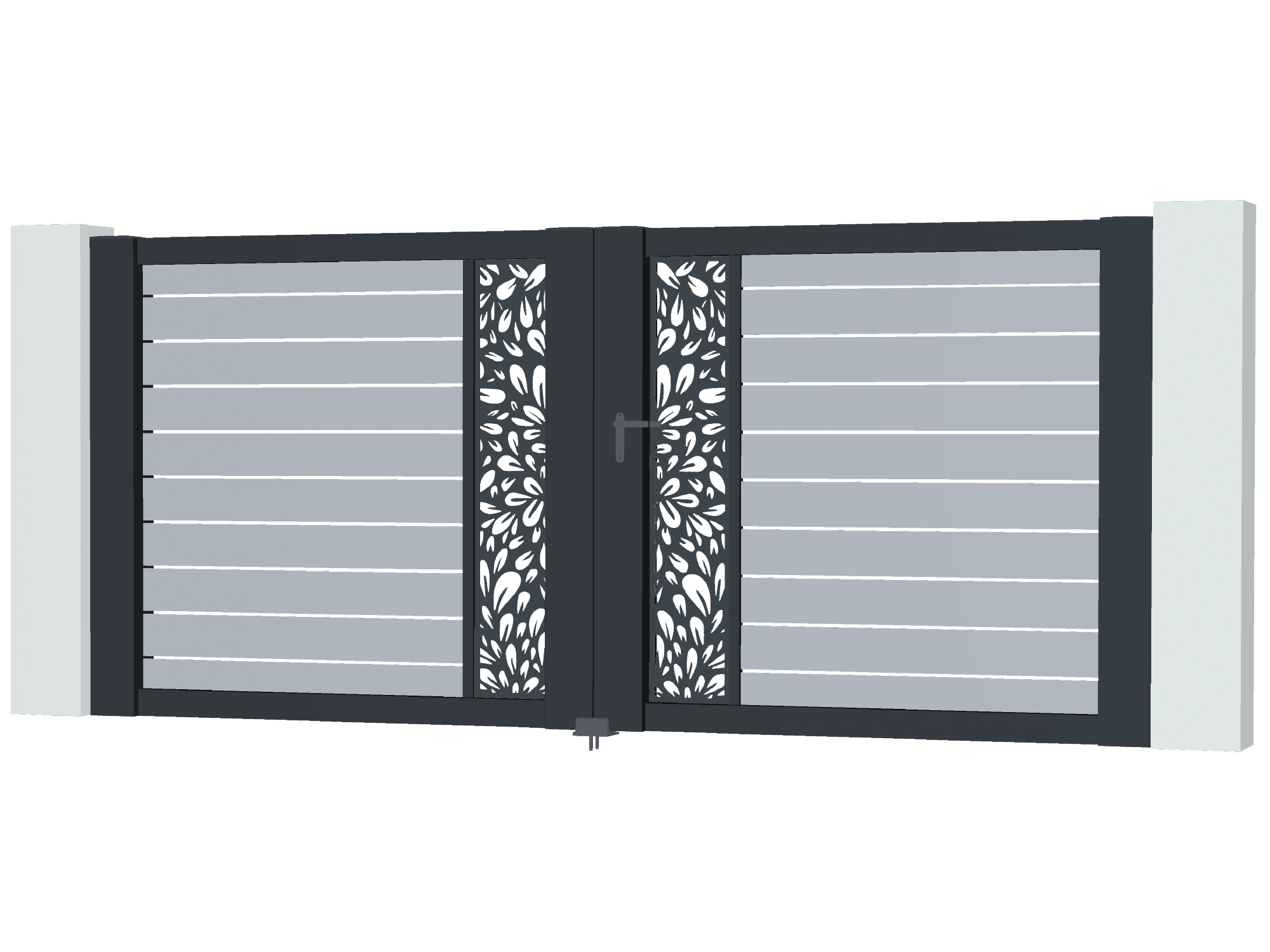 Portail moderne avec motifs floraux gravés.