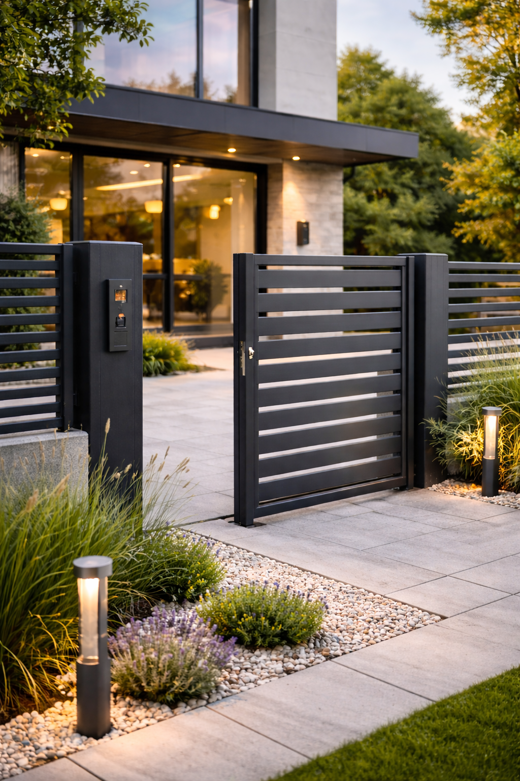 Maison moderne avec portail en métal noir ouvert.