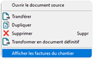 Menu logiciel avec options de gestion documentaire